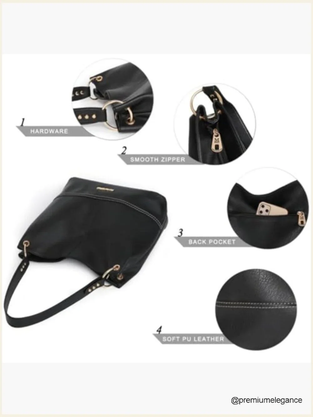 Vegan Leather Hobo Shoulder Bag with Back Pocket - Picture 6 of 7